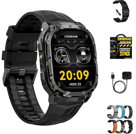 CARBINOX Vortex Smartwatch (Annehmen/Tätigen von Anrufen), Militärqualität, robuster Fitness-Tracker, IP69K wasserdicht, Sportdesign für aktiven Lebensstil (Black Ultimate Pack)