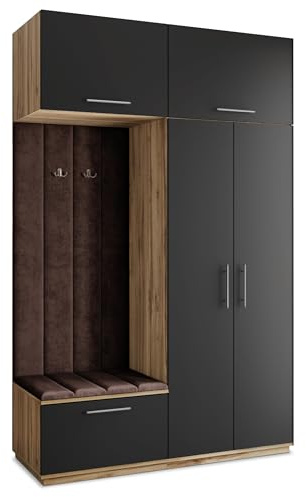 Masseno Flugarderoben Set Rema, Kleiderschrank-Set mit Sitzbank, Garderobenschrank Flur mit 5 Regalböden, Eiche Wotan/Schwarz