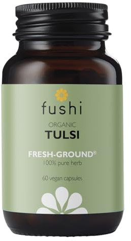 Fushi Organic Tulsi Capsules, 60 Caps | Fresh-Ground Whole Food | Rich in Antioxidants & Nutrients | Rejuvenating Herb for Strengthening the Immune System | Ethical & Vegan, Made in the UK