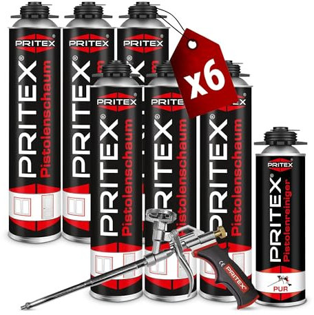 PRITEX – Bauschaum Set 6 x 750 ml Pistolenschaum inkl. Pistolenreiniger 500 ml und Schaumpistole – Montageschaum zum Verfüllen, Dämmen & Abdichten – PU-Schaum mit hervorragender Schall- & Wärmedämmung