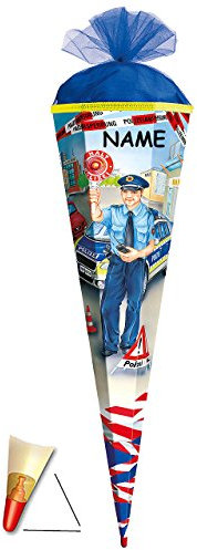 Schultüte - Polizist - 85 cm - incl. Namen - mit Holzspitze/Tüllabschluß - Zuckertüte Roth - für Jungen - Polizei Auto Polizeiauto Fahrzeug/Führerschein