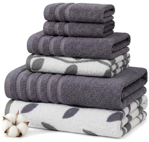 Amrapur Overseas Modern Threads Handtuch-Set, 6-teilig, gefärbt, Bio-Ranken, Jacquard/solide, ultraweich, 500 g/m², 100% gekämmte Baumwolle, Grau/Lavendel
