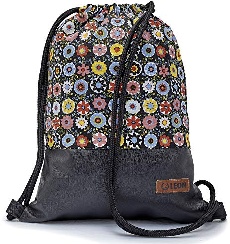 By Bers Leon großer Premium Turnbeutel mit Innentaschen Rucksack Tasche Damen Herren Teenager Gym Bag Draw String 45x34cm für Sport Reise Alltag Einkauf (BuntBlumeSchwarzPU)