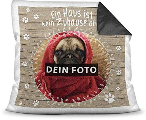 PR Print Royal Kissen mit eigenem Hunde-Bild und Namen von dem Hund - Kein Zuhause/Foto-Collage als Geschenkidee/Zier-Kissen/Deko-Kissen/Rückseite Schwarz inkl. Füllung
