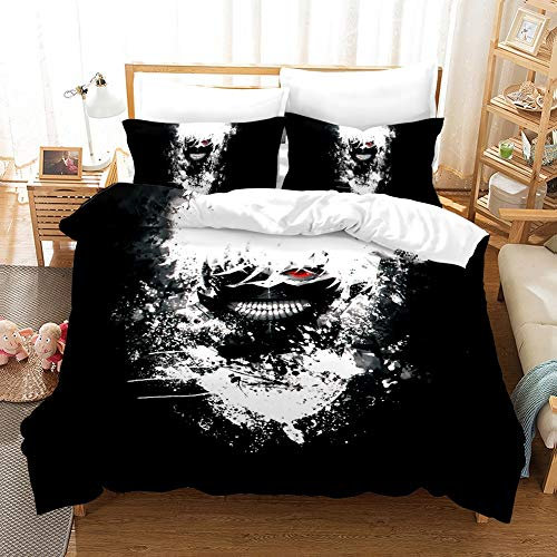 Wnmbmg Drucken 3D Japan Anime Pretty Girl Bettwäsche, Tokyo Ghoul: Kaneki Ken Bettbezug-Set, for Otaku 3pcs Sets Bettwäsche-Set Weich Leichte Mikrofaser, 1 Bettbezug, 2 Kissenbezug (No Tröster)
