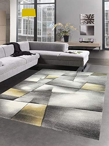 CARPETIA Teppich Kurzflor Wohnzimmerteppich karo abstrakt Pastell gelb grau Größe 80x150 cm