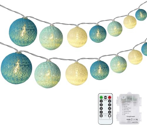 DeepDream Cotton Ball Fairy Lights, Battery Operated, 4.5 m, 20 LED Balls, Fairy Lights, Cotton Balls, Fairy Lights for Indoor, Baby Room, Bedroom, Wedding, Party, Christmas (Blue)