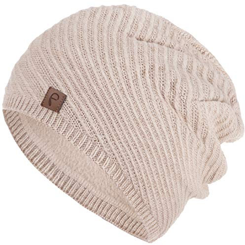 Faera Wintermütze warm gefüttert Fleece-Futter Winter Mütze Strick-Mütze Beanie-Mütze Damen One-Size 07, Farbe:Beige