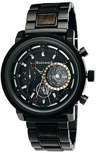 Holzwerk Germany Handgefertigte Designer Herren-Uhr Öko Natur Holz-Uhr Chronograph Armband-Uhr Analog Quarz-Uhr Braun Schwarz Römische Ziffern Datum Holz Ziffernblatt (schwarz.braun.)