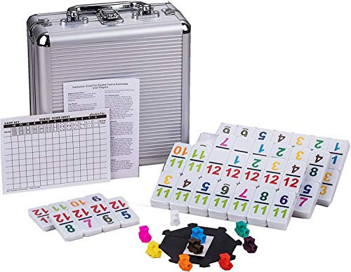Domino Set für Erwachsene, Double Twelve Mexican Train Domino Spiel mit Number Dot, Klassisches Domino Set mit Aluminium Koffer, 1 Domino Hub, 9 Bunte Züge, 91 Domino Steine, (2-8 Spieler)