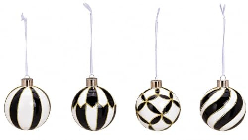 Christbaumkugeln Set 4er – Schwarz Weiß Gold Glas Weihnachtskugeln Ø 8 cm – Moderner Christbaumschmuck mit Glitzer – Weihnachtsdeko Baum Anhänger Set