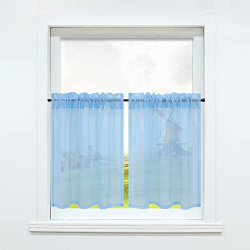 CORLIF Scheibengardine Modern Bistrogardine mit Tunnelzug Küche Gardinen Transparent Vorhänge Kurzgardine Voile Hellblau BxH 66x92cm 2er-Set