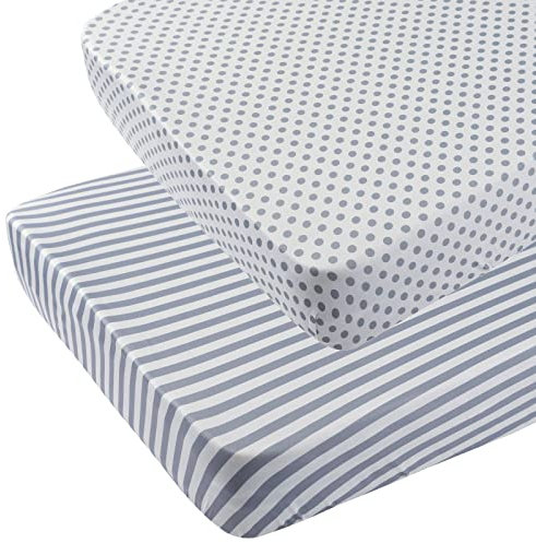 Pack n Play Sheets 2er-Pack Stretchy Jersey Knit Playard Spannbettlaken Tragbares Mini Crib Sheets Set, Convertible Playard Matratzenbezug, Weiß und Grau, Streifen und Punkte