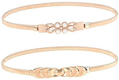 JasGood 2 Stücke Damen Skinny Metallgürtel Modische Elastische Taillengürtel Gold Silber Bund Gürtel Hüftgurt, Gold/Gold, 66cm