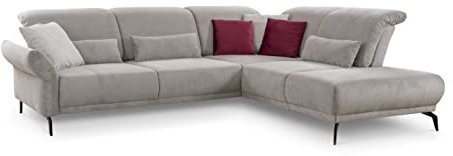 CAVADORE Ecksofa Cooper / Luftige Eckcouch mit Ottomane rechts, Armteilverstellung, Kopfteilverstellung und Sitztiefenverstellung / 294 x 88 x 242 / Cord, Hellgrau