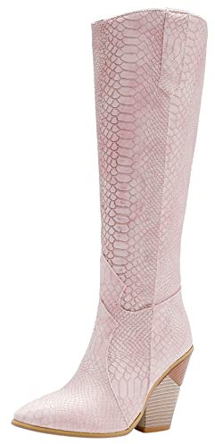 Bottes Hautes Femme À Talon Carré, Bottes Cowboy Elegant Zip Bottes Longue Talons Hauts Pointu 253 Rose Taille 40 EU