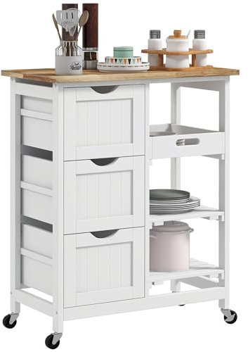 HOMCOM Chariot de Service desserte de Cuisine à roulettes Plan de Travail en Bois de Caoutchouc 3 tiroirs + 1 Plateau Amovible 67 x 37 x 85,5 cm Blanc