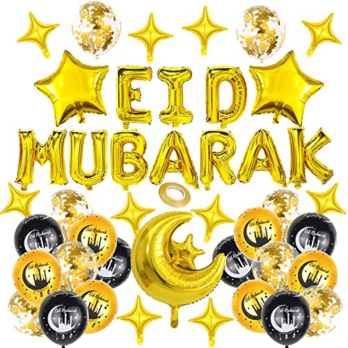 45 PCS Eid Mubarak Dekoration, Gold Eid Mubarak Folie Ballon Banner und Latex Ballons Mond Sterne Banner Urlaub Dekorationen, islamische goldene Partei Supplies für Home Decoration
