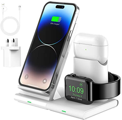 Hoidokly Wireless Charger, 3 in 1 Wireless Charging Station Dock Qi Fast Wireless Charger Stand for iPhone 14/14 Pro/13/12/11/Max/XS/XR/X/8, iWatch 8/7/6/5/4/3/2/SE, AirPods 3/2/Pro with Adapter