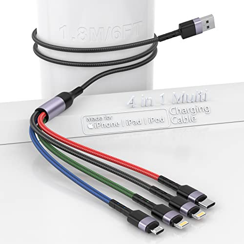 Cavo di Ricarica Multiplo, Cavo di Ricarica Rapido USB 4 in 1 Con Adattatore Nylon 2*iPhone/USB C/Micro USB per iPhone 15 /15Pro/14/13/12/11/Xs/X/Xr/8/7/6/Tablet/Samsung/Google Pixel/Sony/LG/Huawei