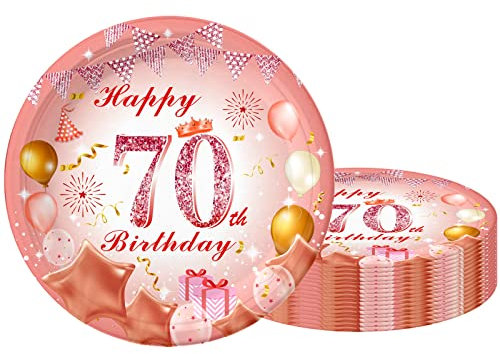 70th Birthday Party Plates - 7 inch Rose Gold, 16pcs - Pink Rose Gold Tableware Set for Her Birthday Gifts