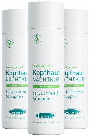 benevi NACHTKUR bei Juckreiz und Schuppen auf der trockenen Kopfhaut. Anwendung über Nacht und dann auswaschen mit geeignetem Shampoo erst am nächsten Morgen.