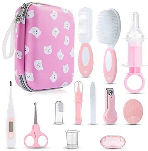 Lictin 12pcs Trousse de Soin Bébé, Trousse de Toilette Bébé, Bébé Naissance, Trousse de Soin Bébé Naissance pour Comprenant un Thermomètre, des Ciseaux à Ongles, une Lime, des Ciseaux, une Brosse