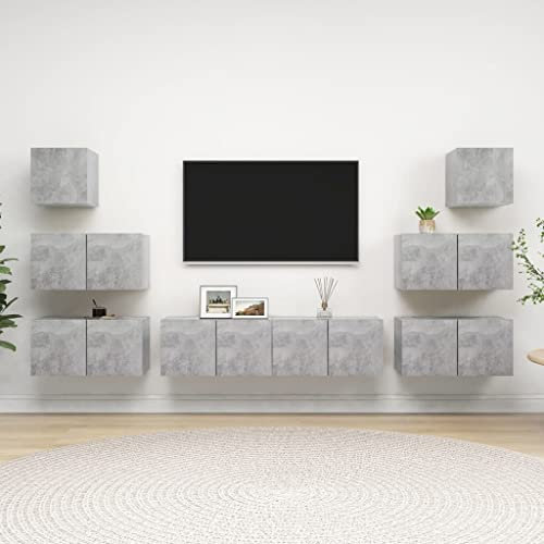 JUNZAI Ensemble de Meuble TV 8 pcs Gris béton Aggloméré,Meuble TV Étagère,Meuble d'angle TV,Meuble Haut Salon