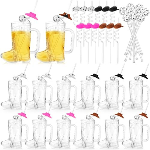 Ziliny 36 Sets Cowboy Cowgirl Boot Mug Cups with 12 Clear Cowboy Boot Mug Cups 17 oz 12 Cowboy Hat Straws 12 Mirror Disco Ball Stirrers for Western Theme Bachelorette Party Birthday Supplies