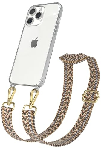 EAZY CASE Handykette - Verstellbares Taschenband kompatibel mit iPhone 15 Pro Max, Schulterriemen, Handykordel mit Silikon Hülle, Umhängetasche, Braun Gold