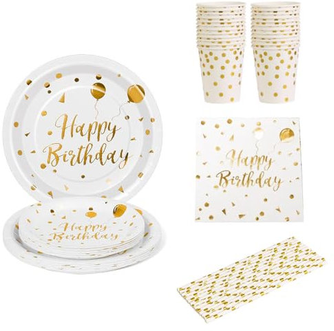 EVYIENEN 125 Stück Schwarz und Gold Partygeschirr Party Set,Happy Birthday Partygeschirr Set,25 Gäste Pappbecher Pappteller Servietten Trinkhalme Papier für Party Geburtstag (Or blanc/125)