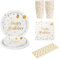 EVYIENEN 125 Stück Schwarz und Gold Partygeschirr Party Set，Happy Birthday Partygeschirr Set，25 Gäste Pappbecher Pappteller Servietten Trinkhalme Papier für Party Geburtstag (Or blanc/125)