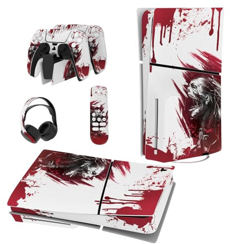 playvital Autocollant Protection pour ps5 Slim Standard Console, Sticker Skin pour ps5 Manette & Télécommande & Casque & Station de Charge,Disc Edition-Zombie de Sang