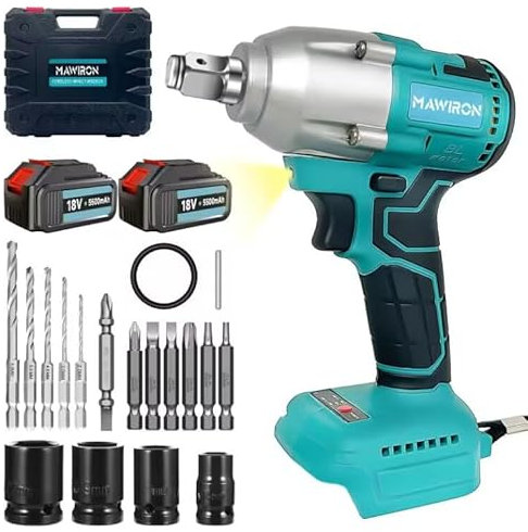 Impact Wrench, Brushless Cordless Impact Wrench Compatible with Makita, with 1/2 inch Driver 18V 450N.m Torque with 2 Sockets,19mm 21mm, and 2 Pack Battery 5500mAh Li-Ion Variable Speed for Car Wheel