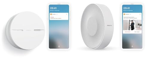 Netatmo Smarter Rauchmelder, 10-Jahres-Batterie, Selbsttest-Funktion, 85-dB-Alarm, Eigenständiges Gerät, EN14604 Zertifizierter, NSA-DE & Smarte Innen-Alarmsirene, drahtlos, WLAN, 110 dB