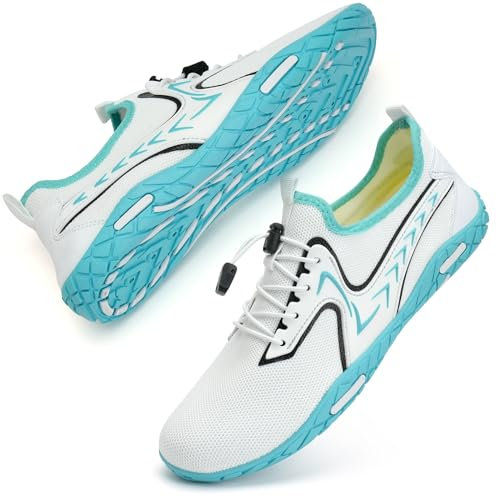 Badeschuhe Herren Damen Barfußschuhe Wasserschuhe Schwimmschuhe Strandschuhe für Surfen,Tauchen,Bootfahren,Gymnastik Fitness (91 weiß blau, 38EU)