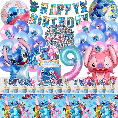 100pcs Stitc Geburtstagsdeko 9 Jahre, Lil und Stitc Ggeburtstag Deko, Stitc Deko Geburtstag, Stitc Kuchen Deko, Stitc Sticker, Stitc Ballons,Stitc Tortendeko für Kindergeburtstag