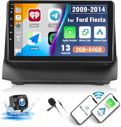2G+64G Android 13 Autoradio für Ford Fiesta 2009-2014, CAMECHO 9 Bildschirm Autoradio mit Wireless Apple Carplay Android Auto Bluetooth GPS WiFi FM HiFi SWC+ Rückfahrkamera + MIC