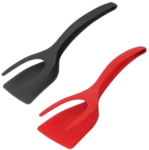 2PCS Egg Flipper Spatula, 2 in 1 Grip and Flip Egg Spatula Tongs, Non-Stick Turners for Sandwiches Bread Omelet Fish Steak French Toast, Tongs Grip Flip Fried Egg Turners Cooking Tool (Black+Red)