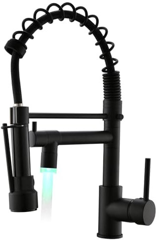 AIMADI LED Wasserhahn Küche Küchenarmatur mit 360° Schwenkbar mit Spiralfeder Herunterziehen Brause Ausziehbar Mischbatterie Küche Spültischarmatur Armatur Schwarz