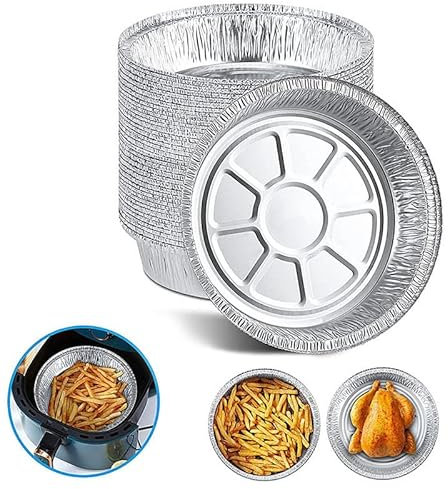 50pcs Aluminum Foil Dishes - Air Fryer & Oven Safe, Round Baking Pan, Disposable Tin Foil Box Tray for Baking & Cooking (Silver, 6-9 inch, 3-5L fryer)