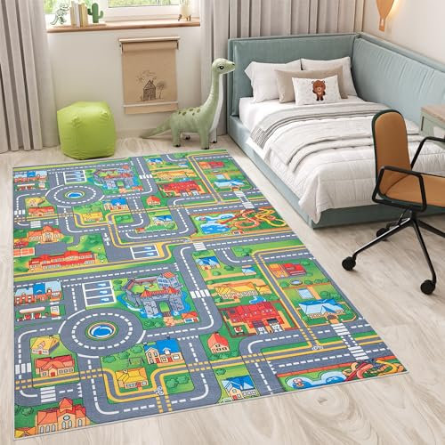 TAPISO Flannel Teppich rutschfest Bunt Grün Grau Kurzflor Waschbar Straßenteppich Waschmaschinenfest Antirutsch Kinderzimmer ÖKOTEX 160 x 230 cm