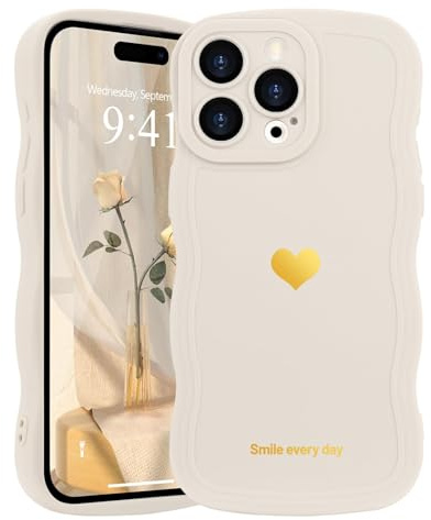 LAPOPNUT Wavy Cute Silicone Phone Case for iPhone 15 Pro, White | Girly Heart Wave Bumper,Aesthetic Cover for Women Girls,Curly Shockproof Raised Camera Protection,Soft Pretty Lovely