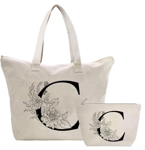 Personalisiert Initialen Tragetasche Canvas, Kosmetiktasche mit Reißver, Damen Handtasche Tote Bag, Einkaufstasche Geschenk für Frau Freundin Mama Schwester, Braut & Brautjungfern Schminktäschchen C