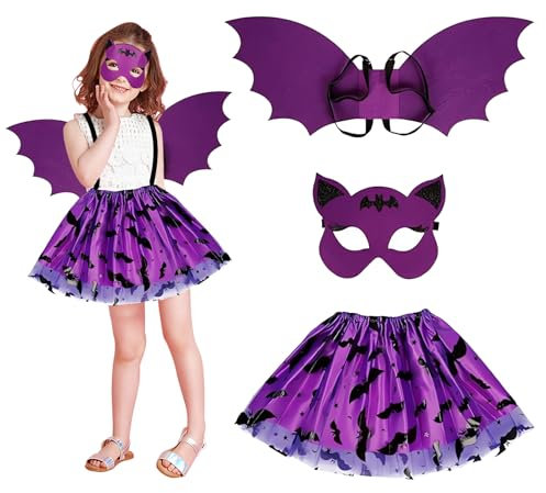 3pz halloween costume strega bambina gonna da strega bambina con Ali di Pipistrello e maschera da pipistrello costume da strega viola da bambina per Halloween Carnevale Cosplay Festa Mascherata