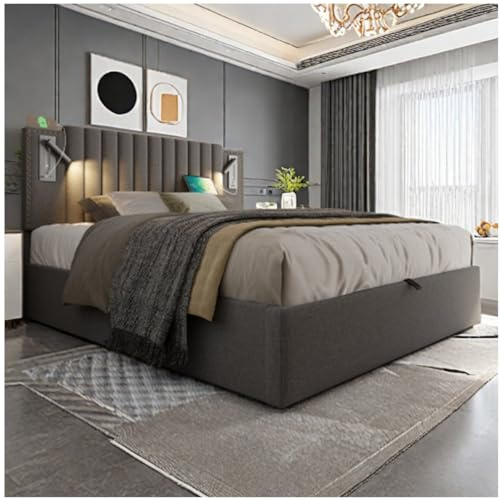 Sapgaks Lit capitonné 160x200cm, tête de lit Design Rivet avec Fonction de Chargement USB et liseuse, avec Coffre de lit à Rangement hydraulique, matière Coton, Gris (Matelas Non Inclus)