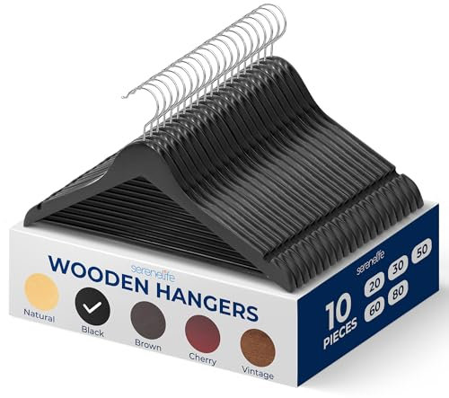 SereneLife Holz Kleiderbügel Schwarz für Ihre Garderobe, 360° drehbarer Haken, Holzbügel Stabil & rutschfest, Robuste Kleiderhaken für Kleideraufbewahrung & Organisation, Hangers Clothes 10 Stück