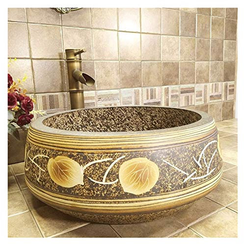 Lavabo de baño sobre encimera, Lavabo de Pedestal, Pintado a Mano, con diseño de Hojas y Rocas, Lavabo de tocador,Lavabo para encimera