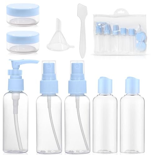 9 Pcs Travel Bottle for Toiletries Set 50 ML Empty Refillable Small Mini Empty Plastic Pump Bottles Spray Bottles Squeeze Bottles with Funnels for Travel or Cosmetic with Storage Bag