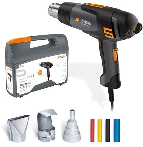 Steinel Pistola de aire caliente HM 2120 E Set, incl. boquillas y tubo termorretráctil, pistola de aire caliente 2200 W, 80°-650°C, calefacción cerámica
